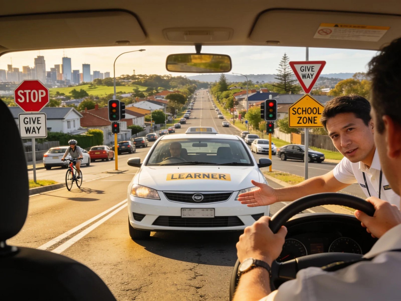 Learner driver receiving instruction in Melbourne, focusing on common driving test mistakes.