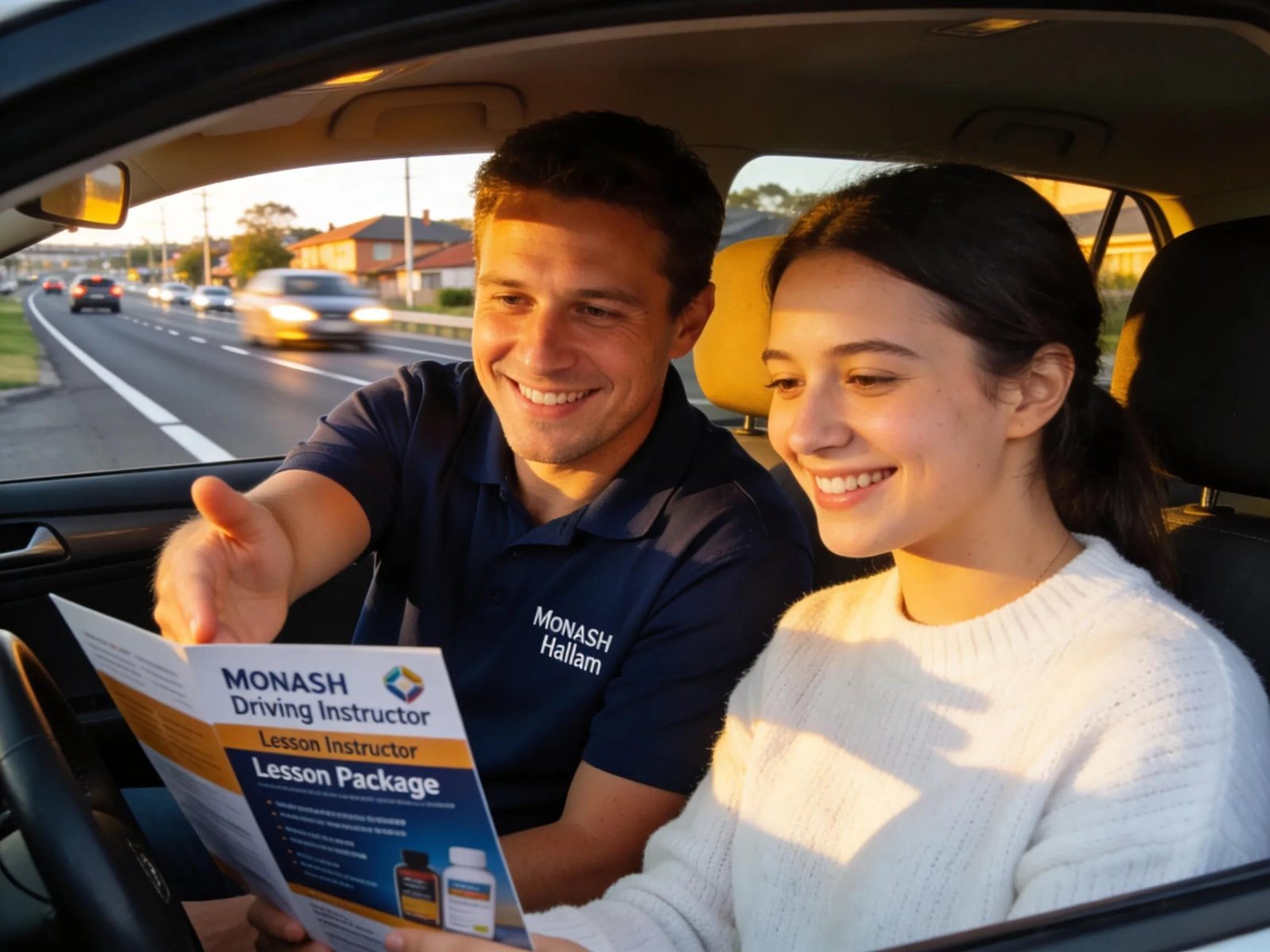 Instructor and learner discussing driving lesson packages inside a vehicle in Hallam