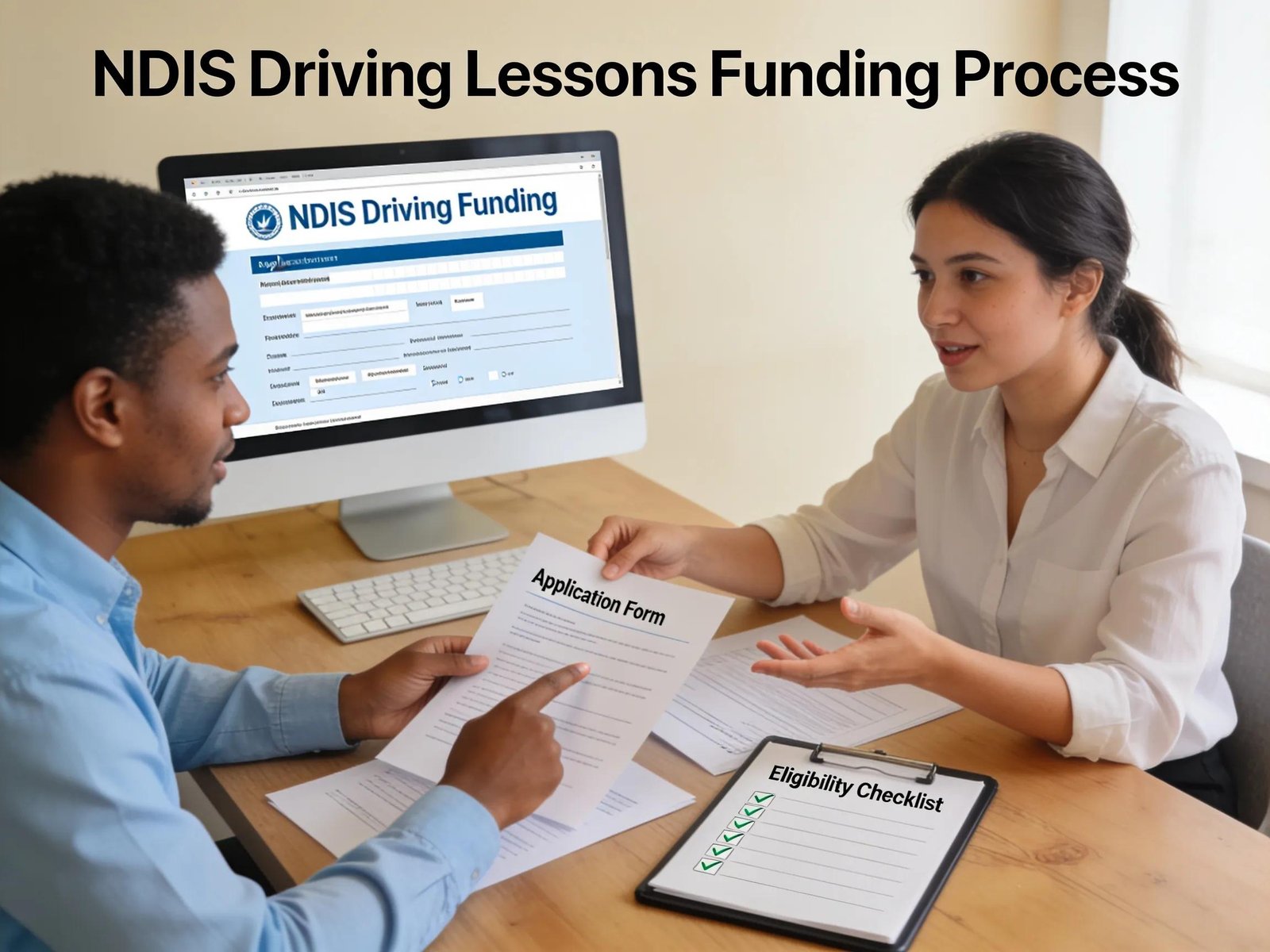 Participant discussing NDIS funding options for driving lessons with an advisor