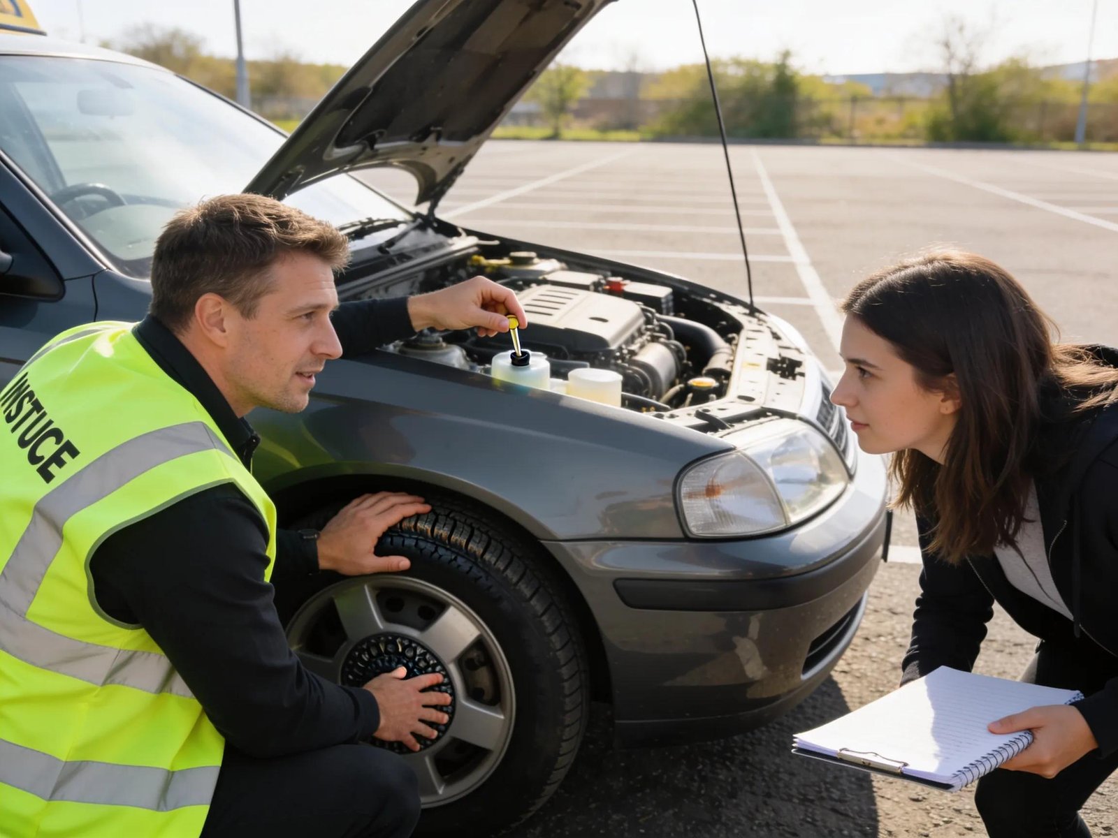 Instructor showing a learner driver how to perform vehicle safety checks in a parking lot