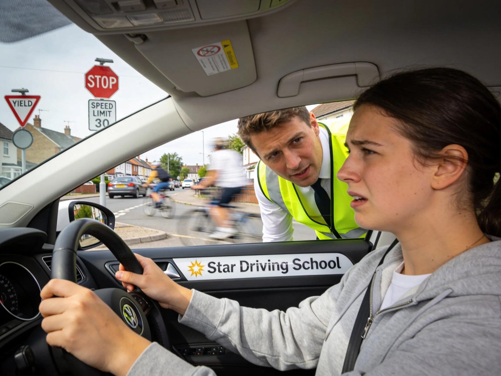 Instructor guiding learner driver during a mock driving test in a realistic driving environment
