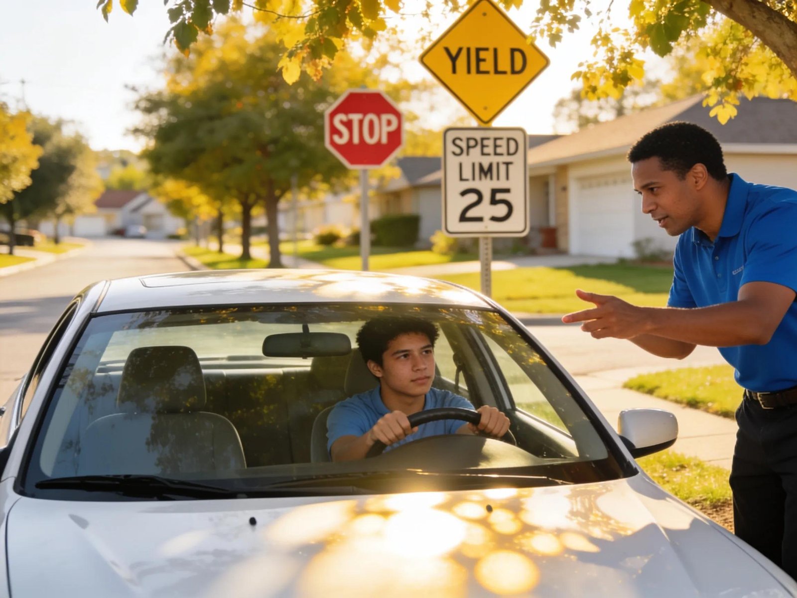 Student practicing driving with instructor in a residential area