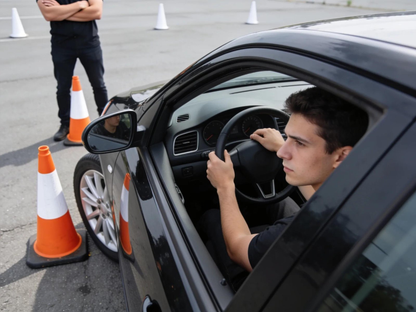 Learner practicing parallel parking with instructor supervision