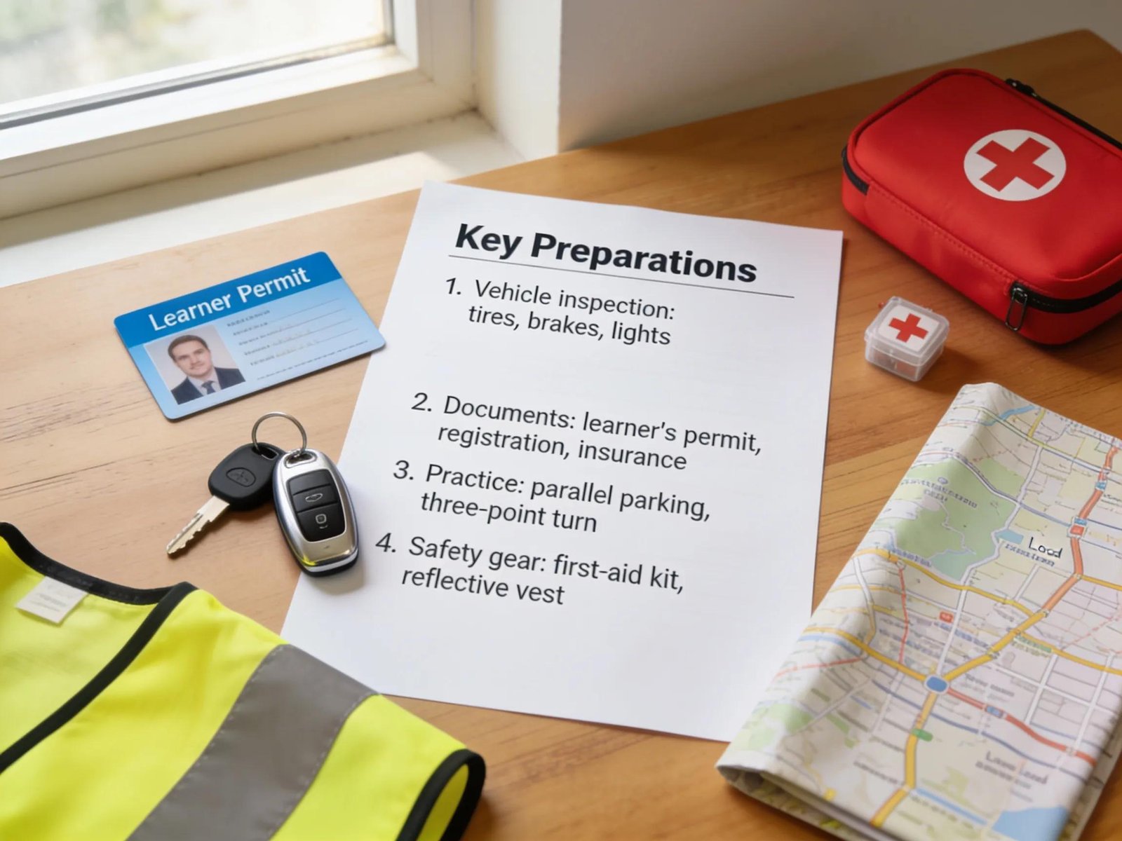 Driving test preparation checklist with learner permit and safety gear, emphasizing VicRoads requirements.
