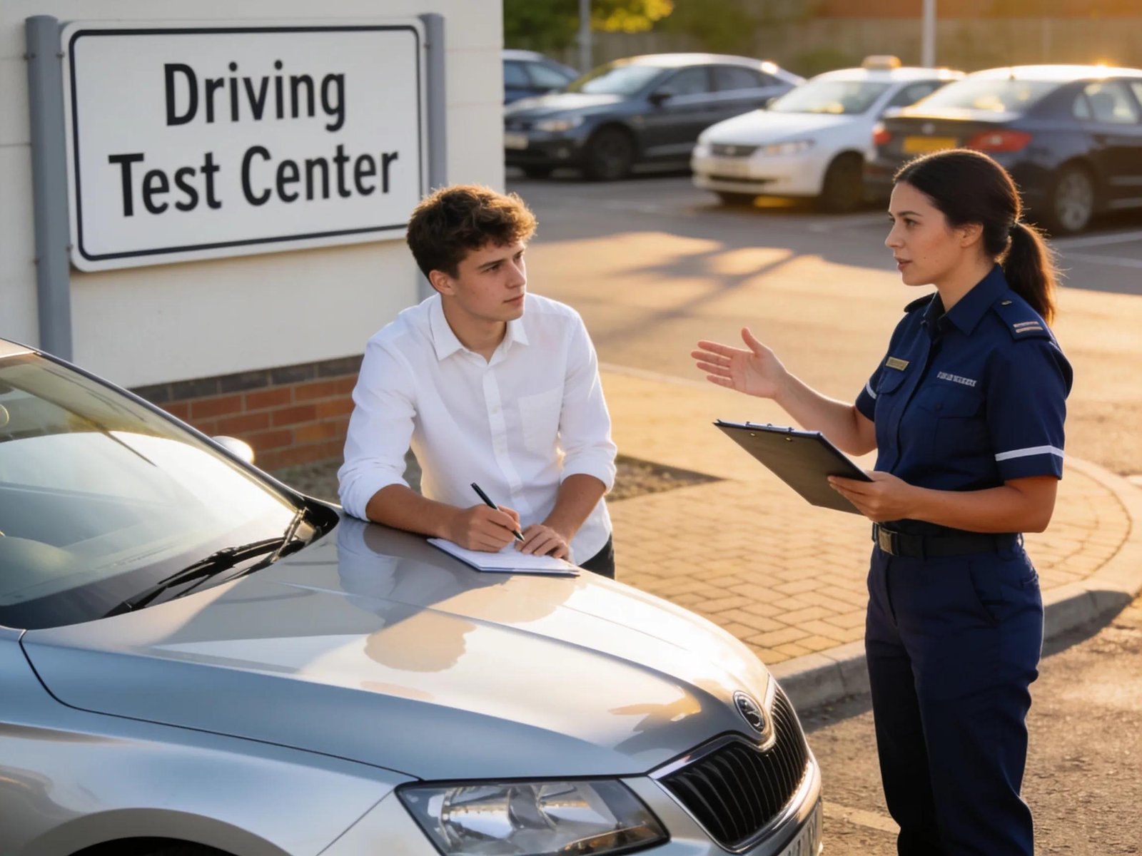 Instructor providing feedback to a student after mock test, emphasizing preparation for driving test success