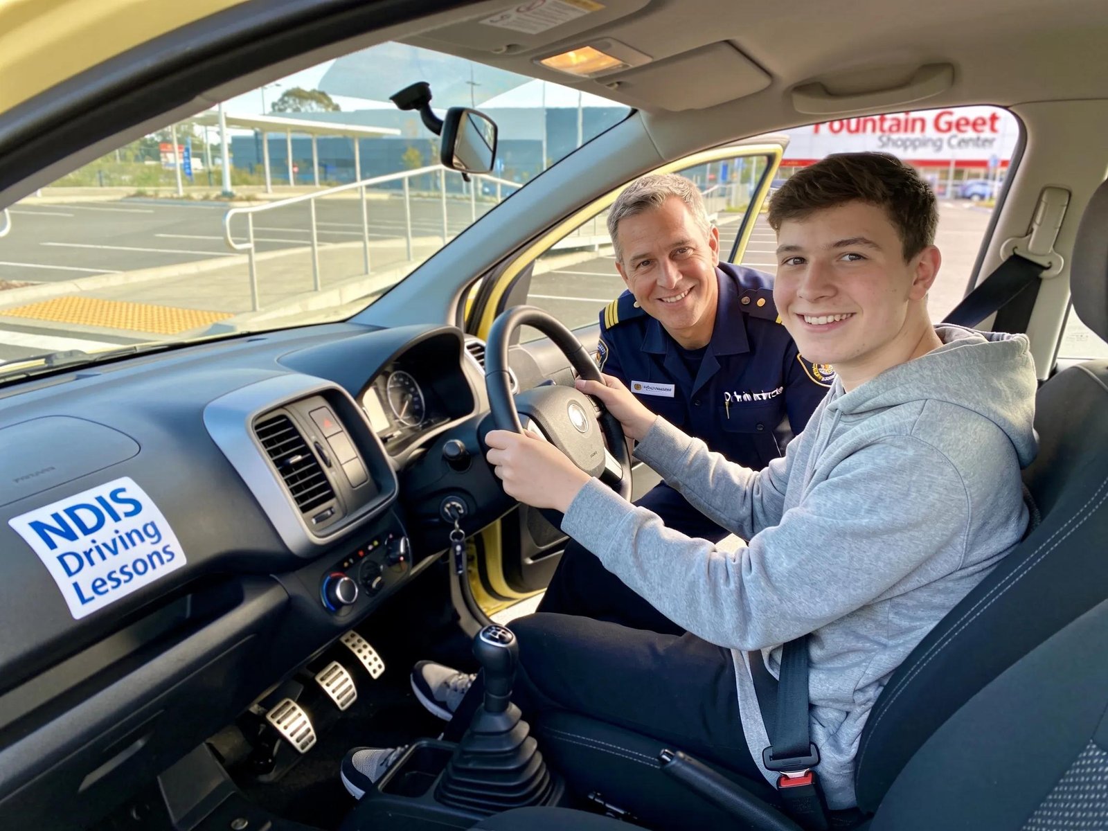 Instructor providing personalized driving lessons to NDIS participant in a dual-control vehicle near Fountain Gate Shopping Center