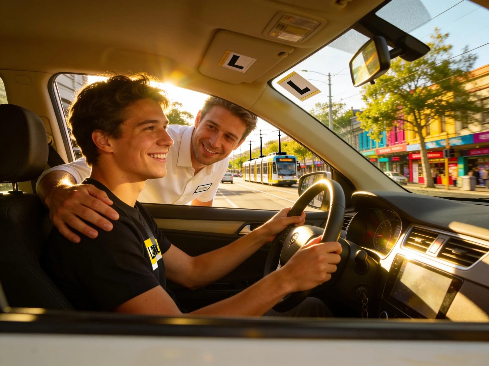 Driving lesson in Melbourne with a learner driver and instructor showcasing road safety and confidence