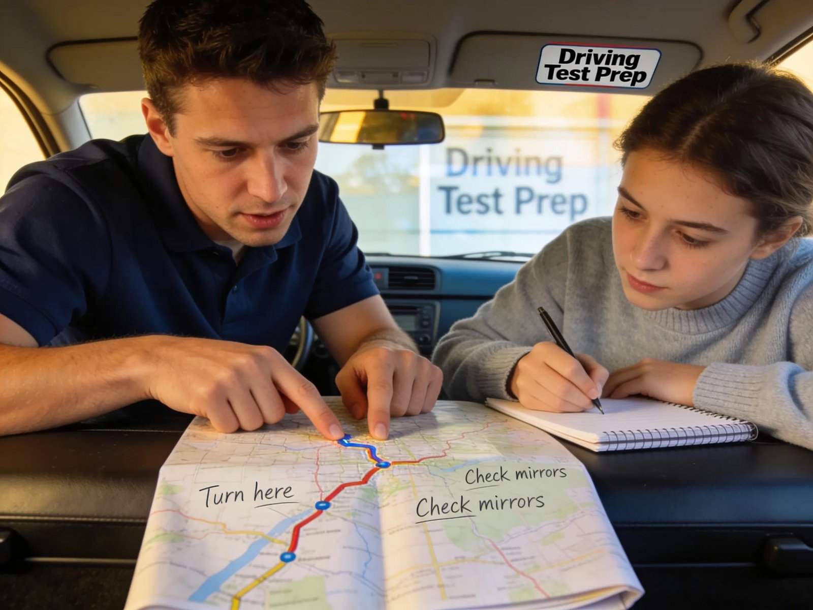 Instructor and student reviewing driving test routes, exemplifying local driving school preparation methods
