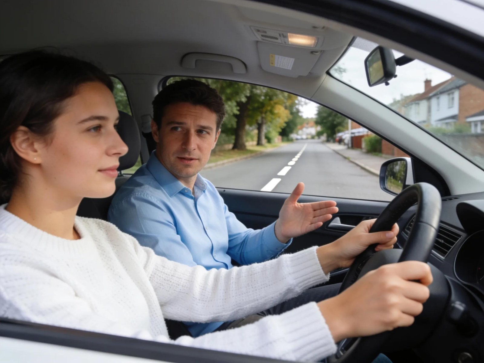 Driving instructor guiding learner driver on practical skills