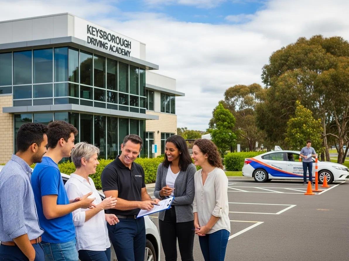 A diverse group of students receiving driving lessons outside a driving school in Keysborough