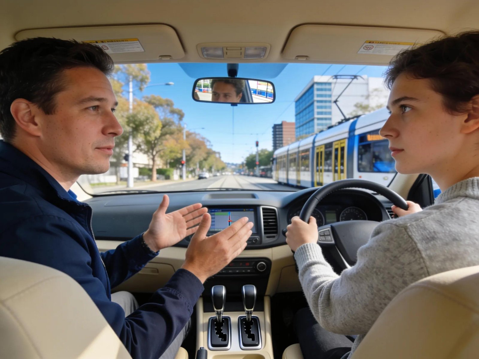 Driving instructor and learner driver in a dual-control vehicle highlighting driving education in Melbourne