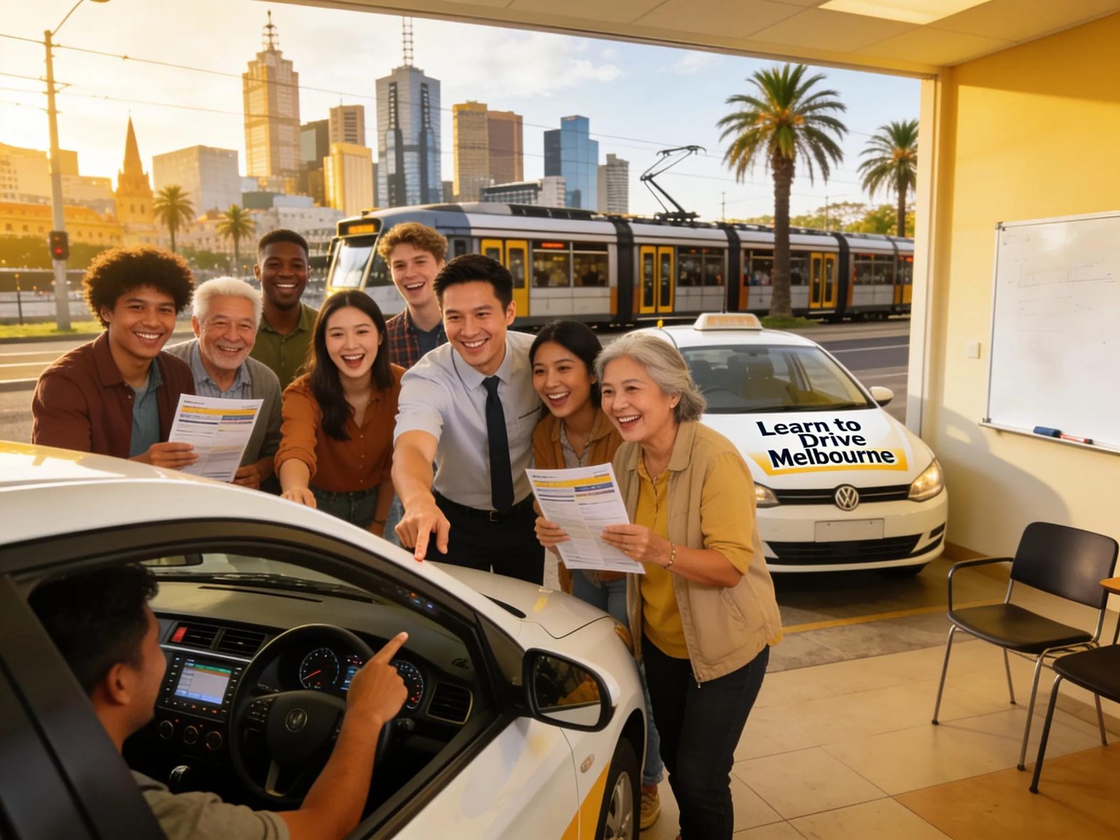 Diverse group of individuals engaged in a driving lesson in Melbourne, emphasizing learning and community
