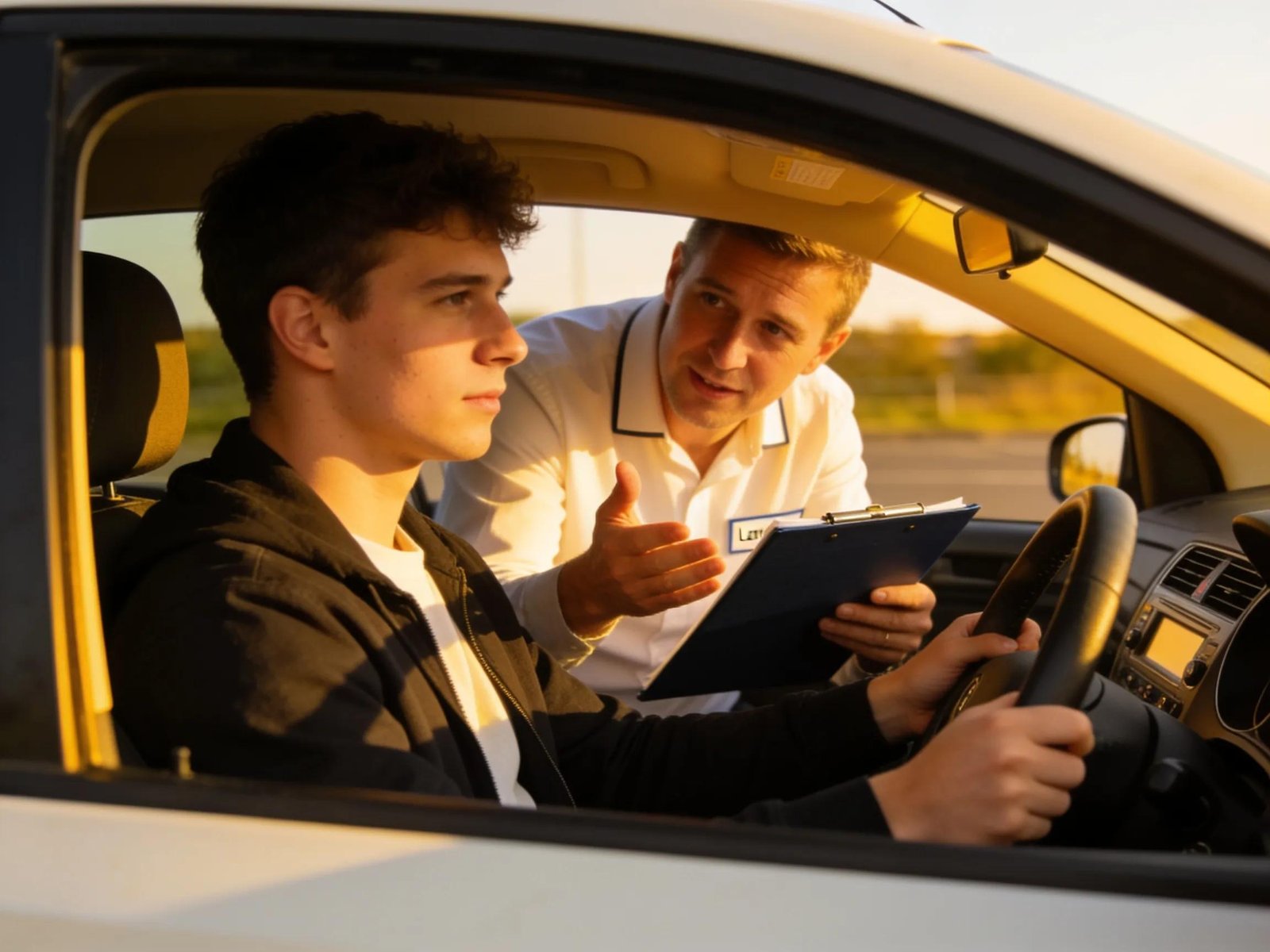 Learner driver engaging in a mock driving test with an instructor, highlighting effective preparation for driving licence success