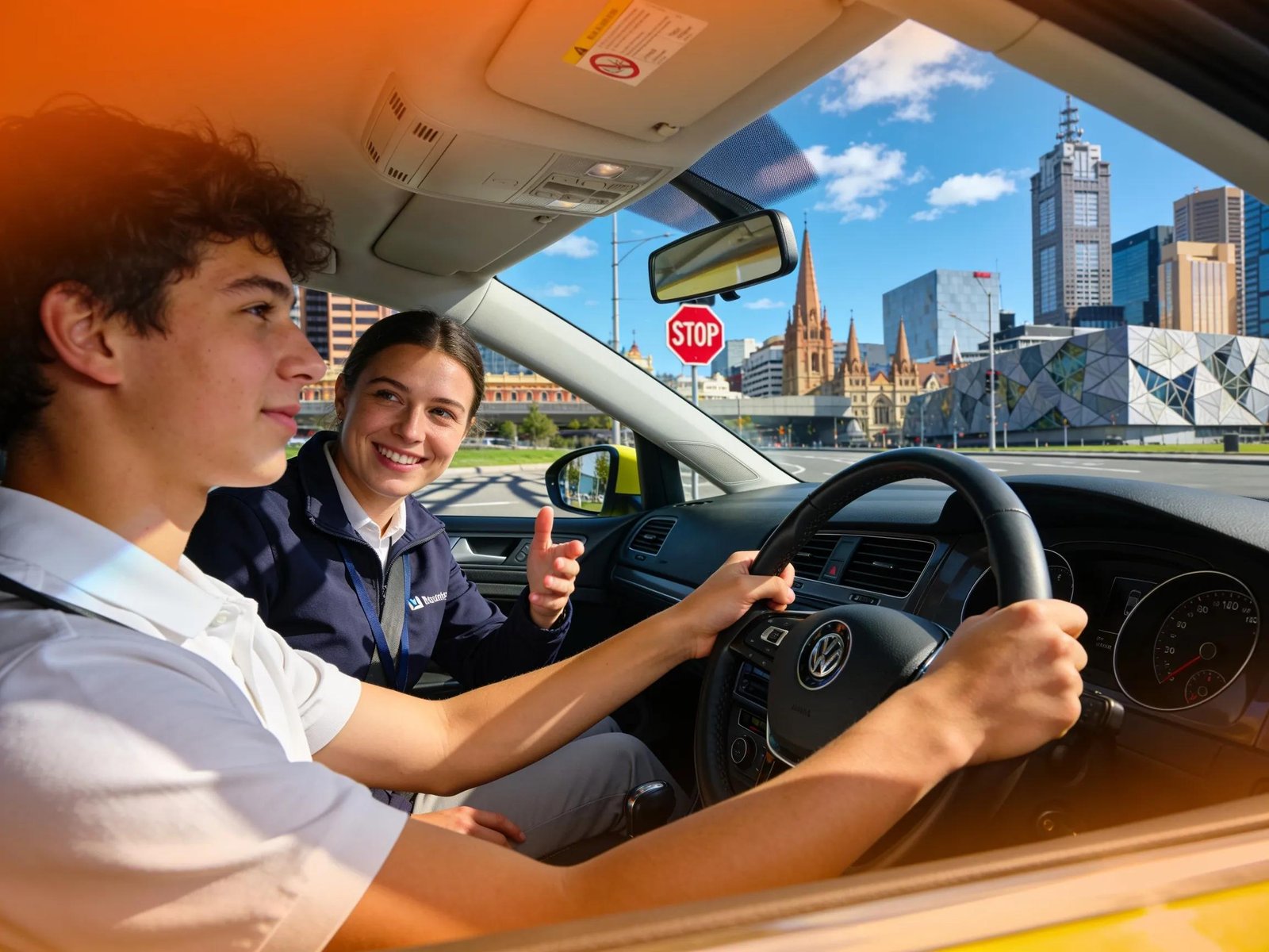 Driving lesson in Melbourne with a student and instructor navigating city traffic