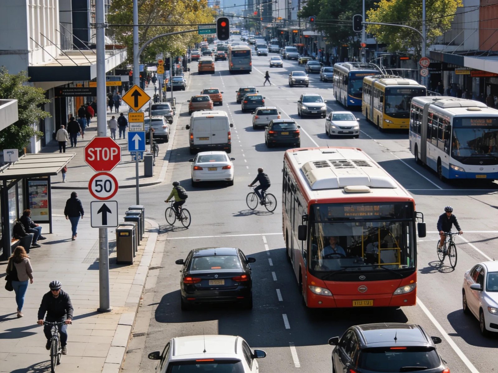Busy Melbourne street scene with cars, buses, and cyclists illustrating VicRoads driving test routes.