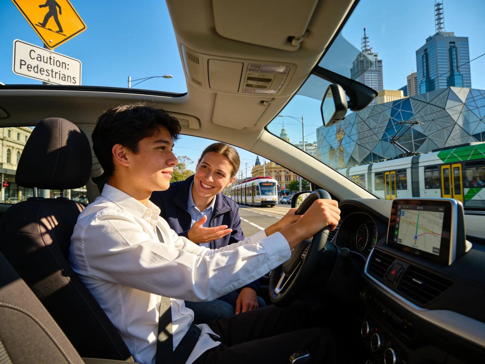 Driving lesson in Melbourne with a student and instructor navigating city traffic