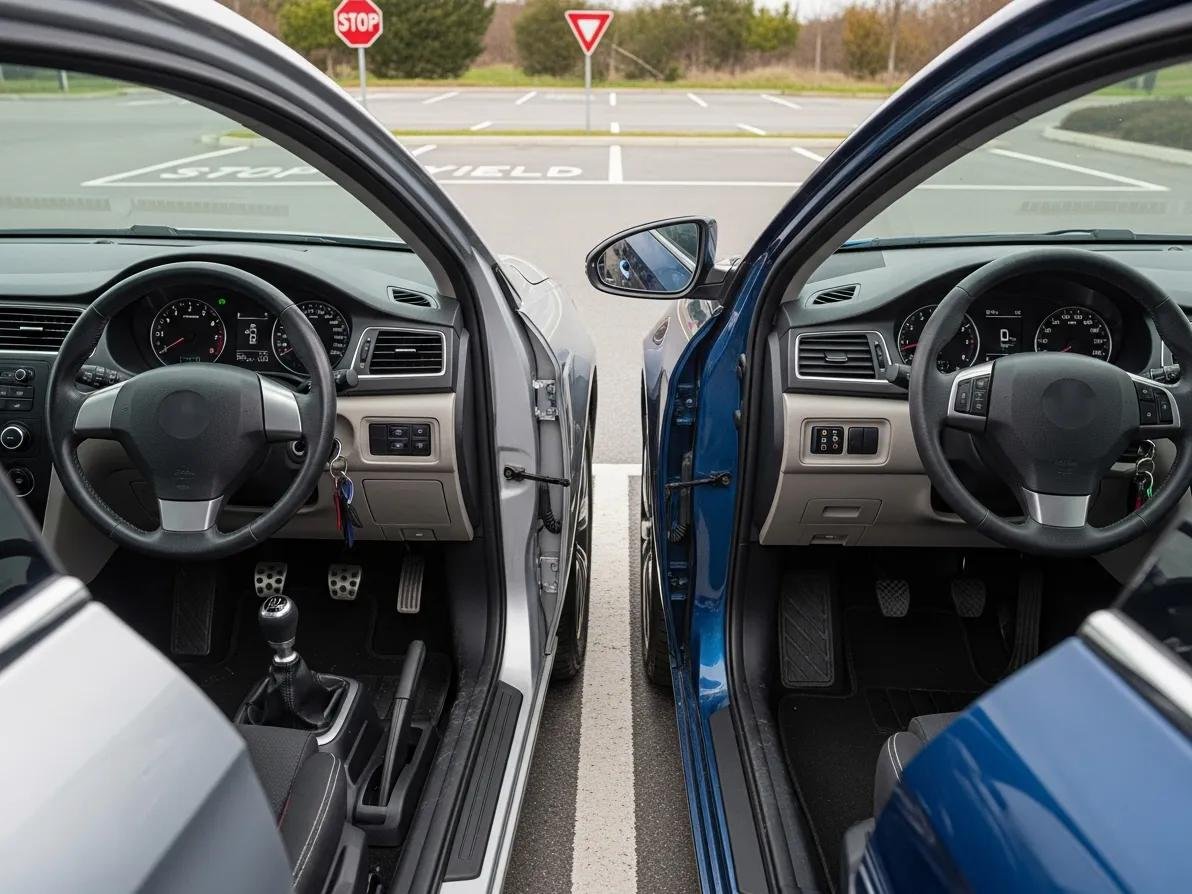 Comparison of manual and automatic driving lessons with two cars, showcasing gear stick and simplified controls