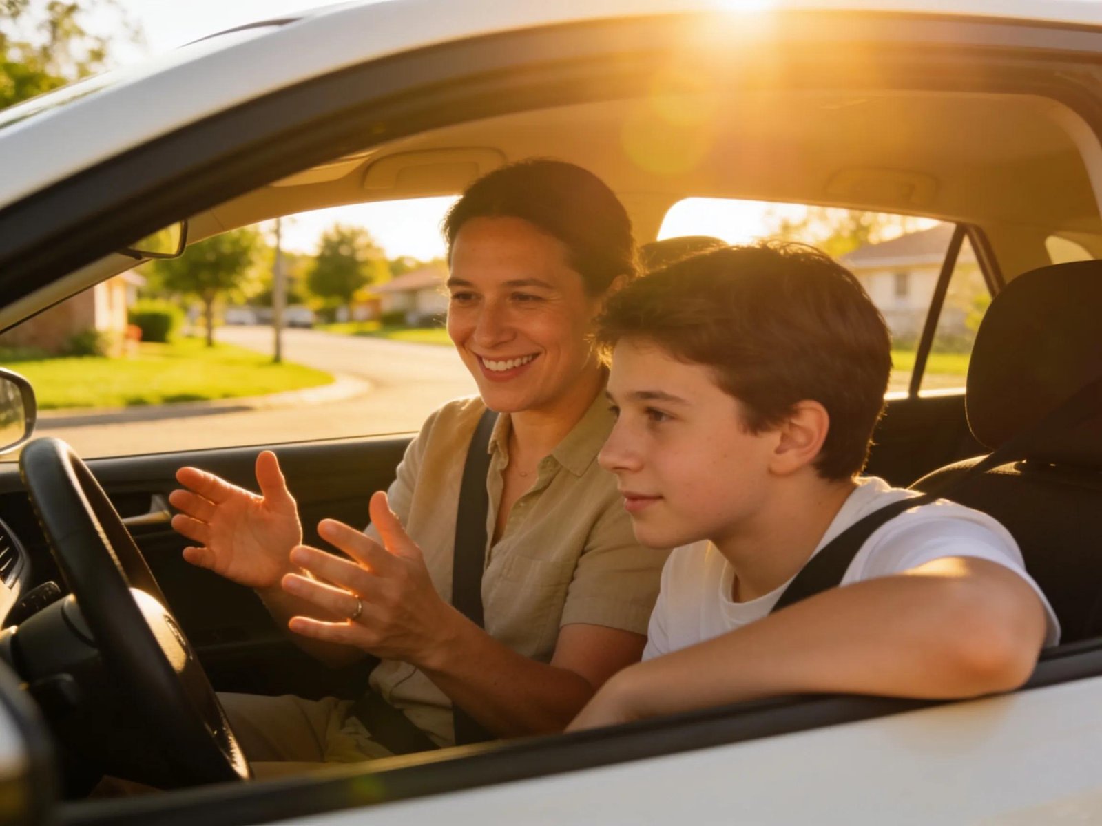 Parent teaching a learner driver in a sunny suburban setting, emphasizing safe driving education
