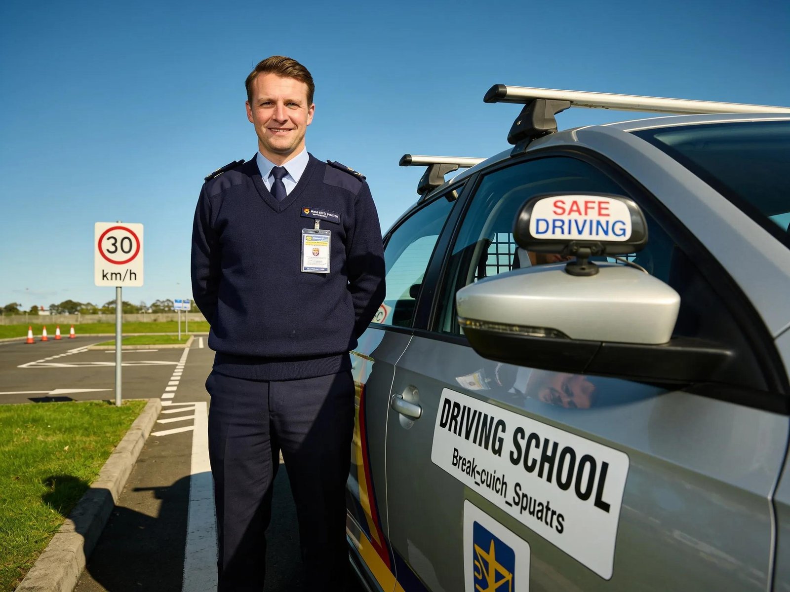 Certified driving instructor demonstrating qualifications beside a dual-control vehicle, enhancing trust and safety