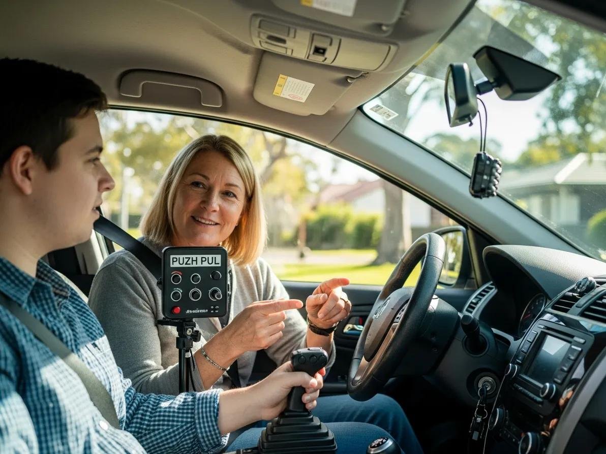 Driving instructor assisting NDIS participant during driving lessons