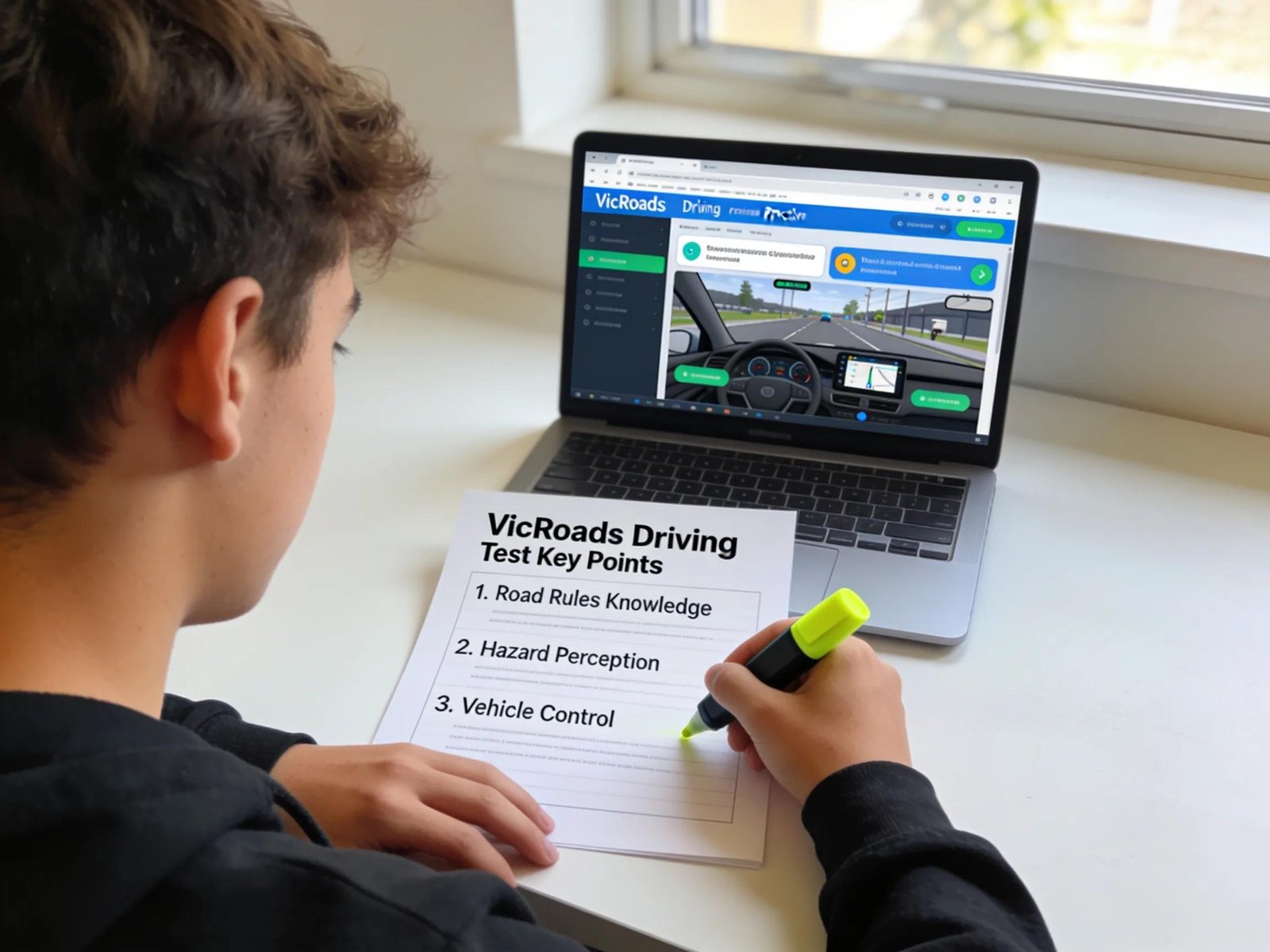 Student engaged in studying for the VicRoads driving test with driving materials and a checklist