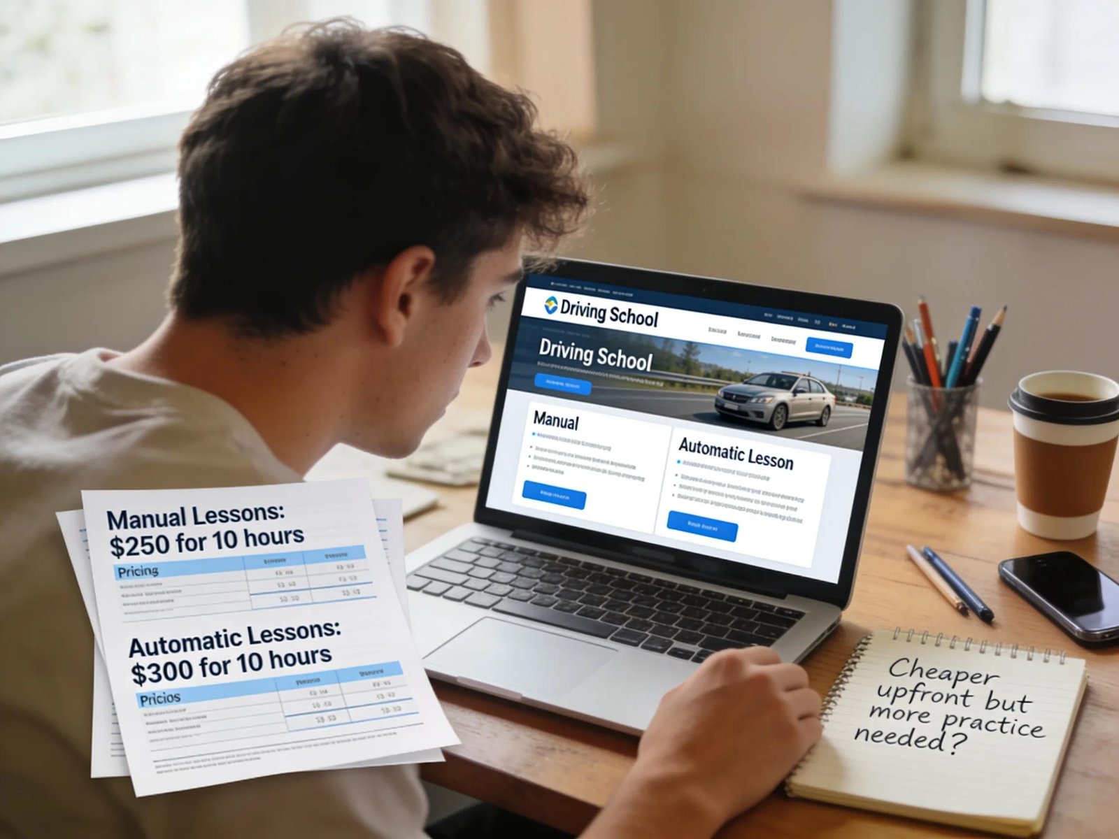 Learner evaluating budget and costs for manual versus automatic driving lessons