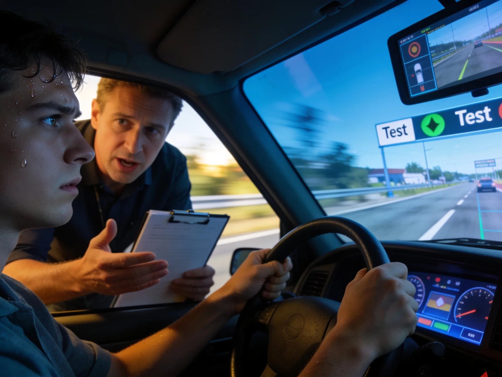 Learner driver undergoing mock driving test with instructor