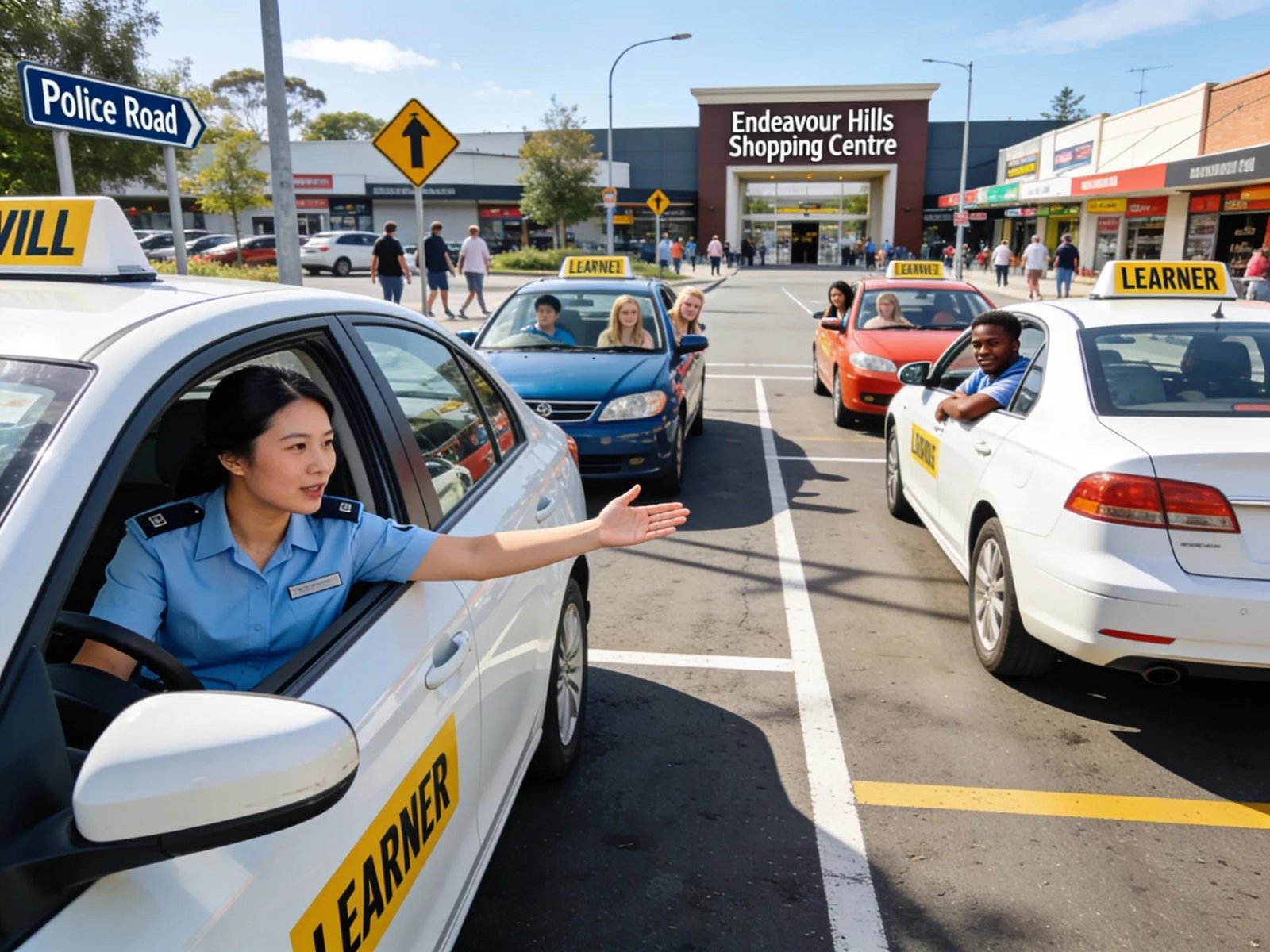 Learner driver practicing driving lessons with a female instructor on Police Road near Endeavour Hills Shopping Centre