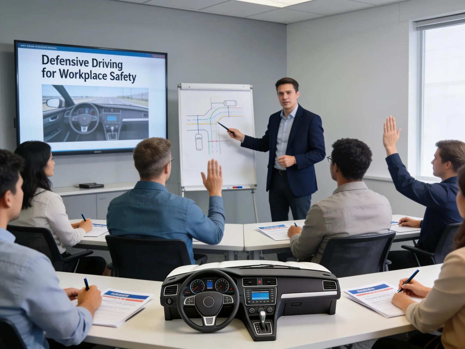 Corporate driver training session in Melbourne, showcasing professionals learning defensive driving techniques