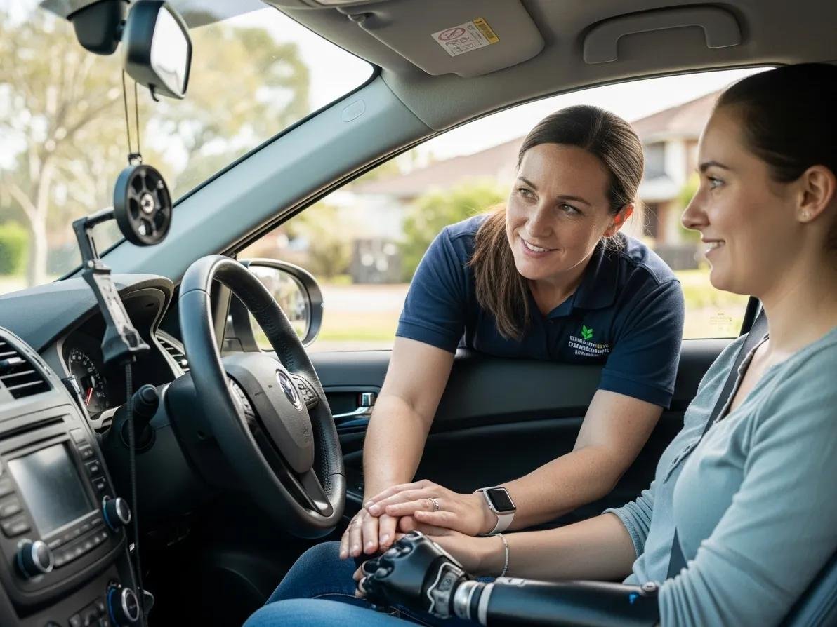 Female driving instructor teaching NDIS participant adaptive driving lessons in Narre Warren