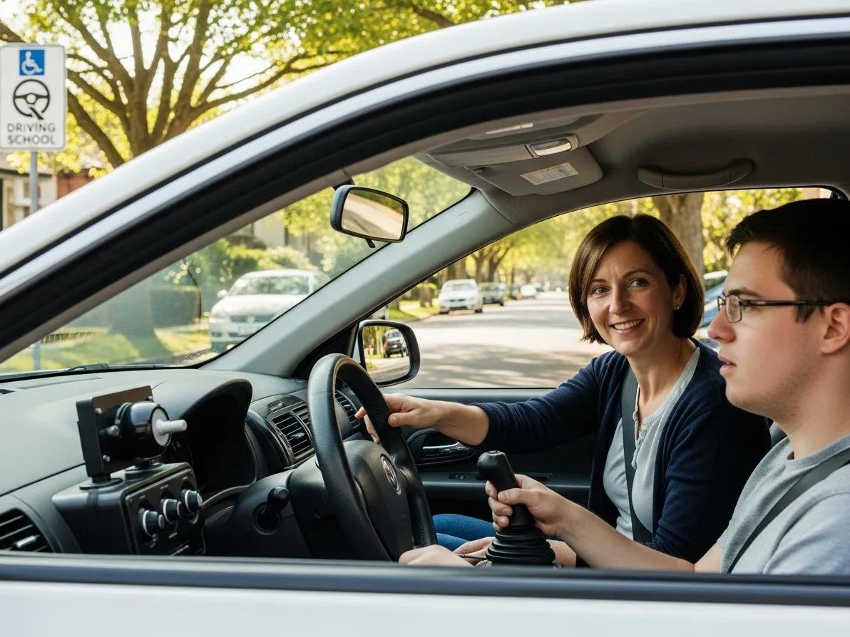 Inclusive driving lesson for learners with special needs featuring a modified vehicle and a supportive instructor