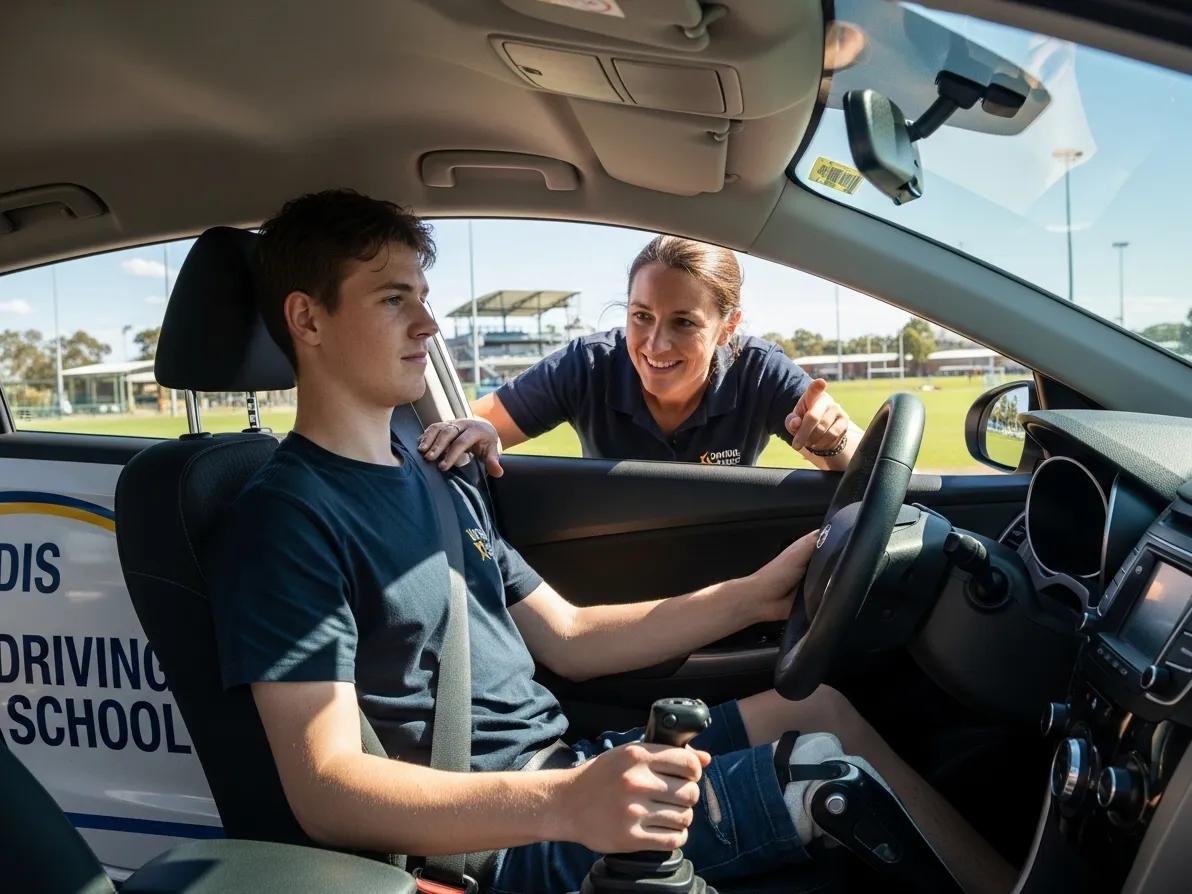 Instructor helping an NDIS participant during a driving lesson in Cranbourne North, showcasing accessibility