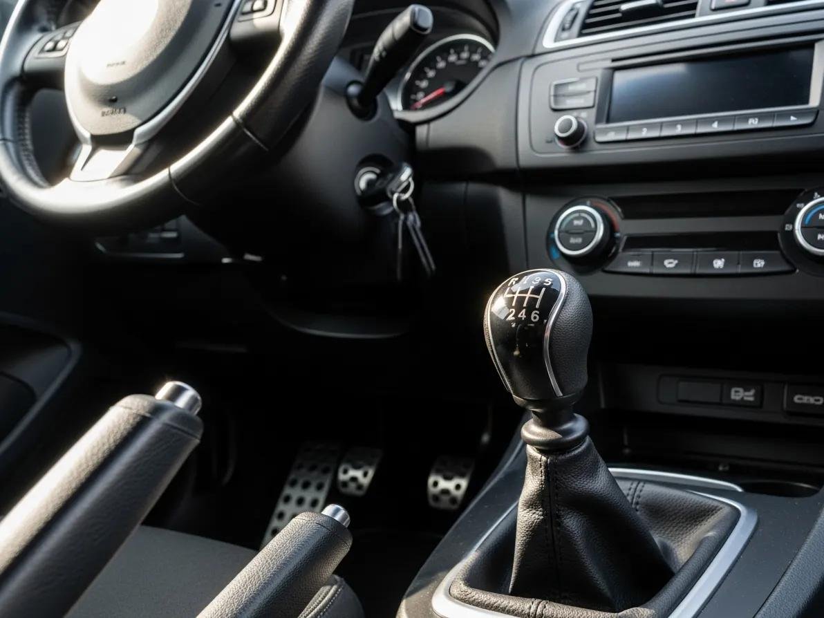 Interior of a manual car, showcasing gear stick and pedals for driving lessons
