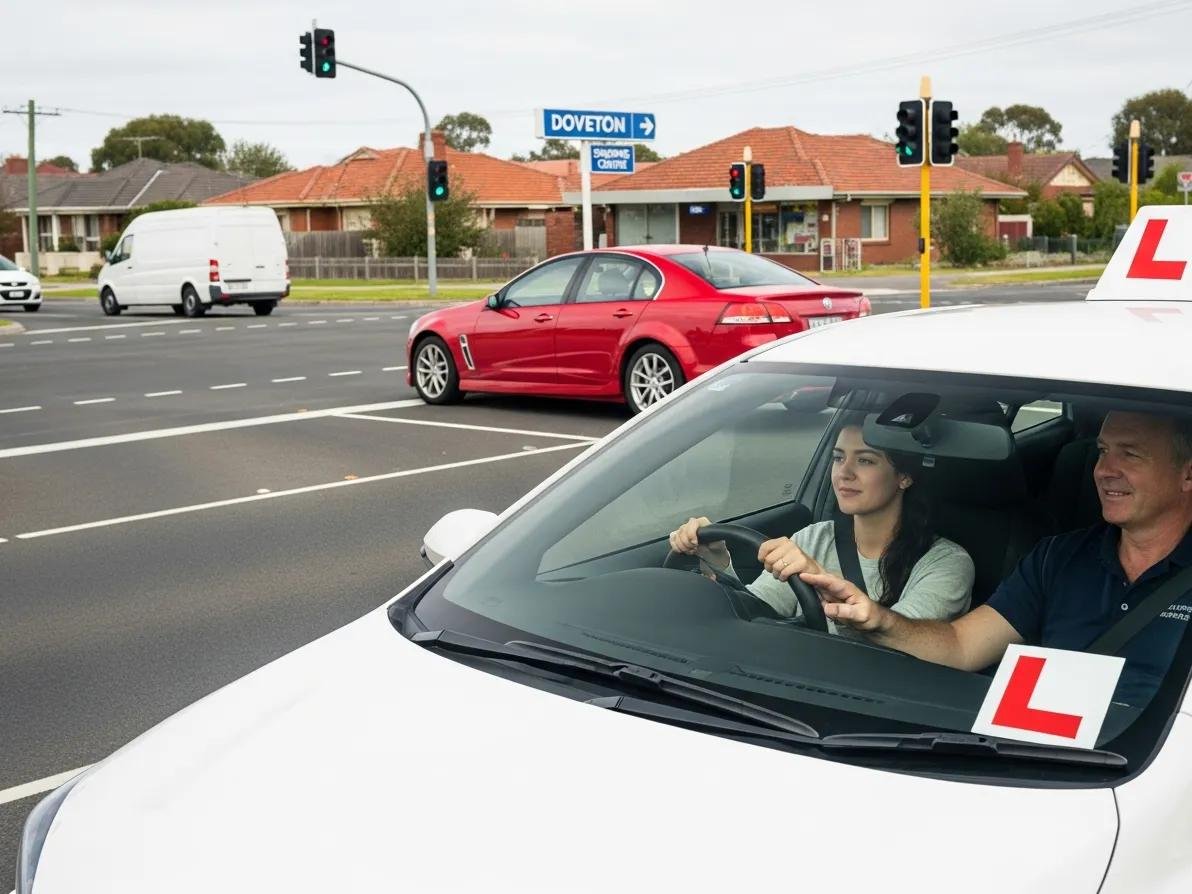 Learner driver practicing during a mock driving test, simulating Doveton's varied traffic conditions