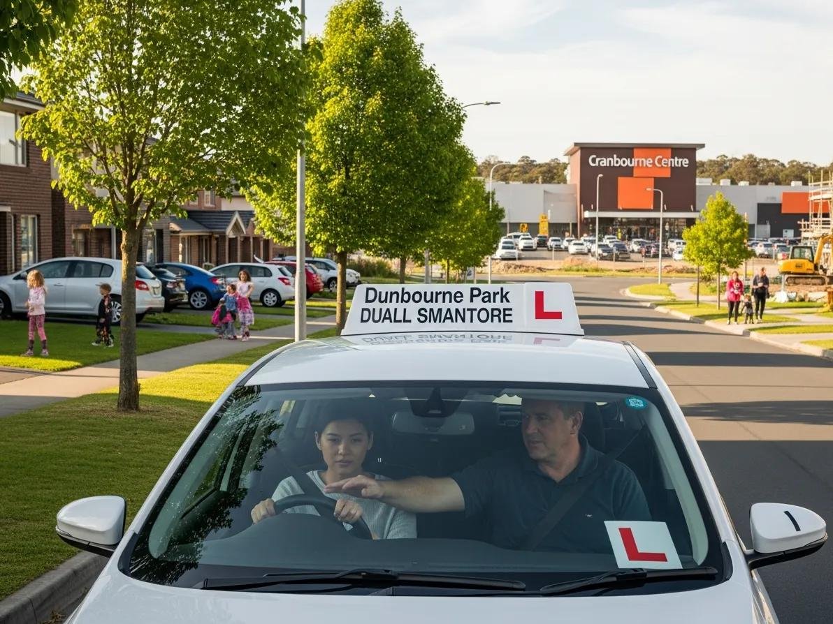 Learner driver taking a driving lesson in Cranbourne North with local landmarks visible