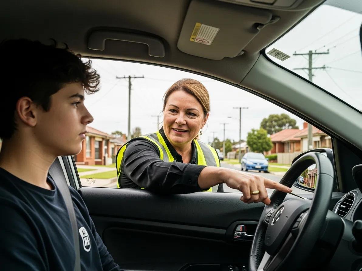 Qualified driving instructor providing personalized feedback to a learner driver in Doveton's residential street