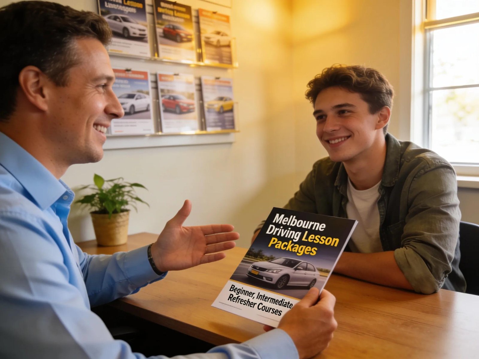 Driving instructor explaining lesson packages to learner driver at a driving academy