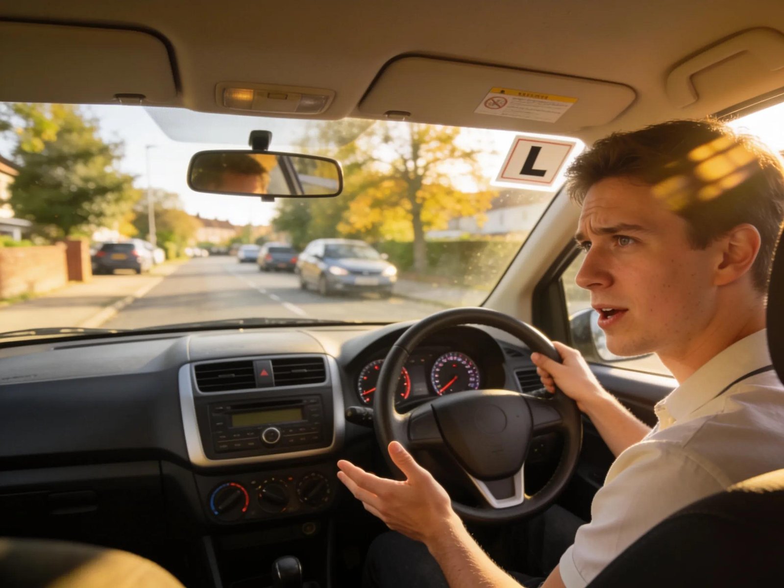 Learner driver taking mock driving test with instructor in a dual-control vehicle