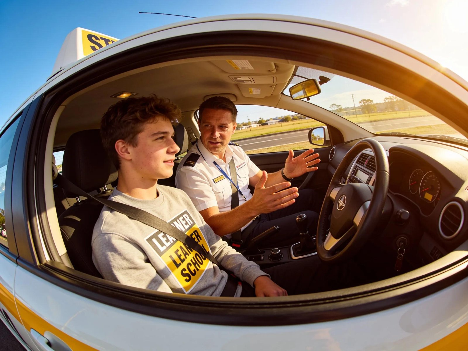 Learner driver receiving instruction from a driving instructor in Melbourne, emphasizing driving education