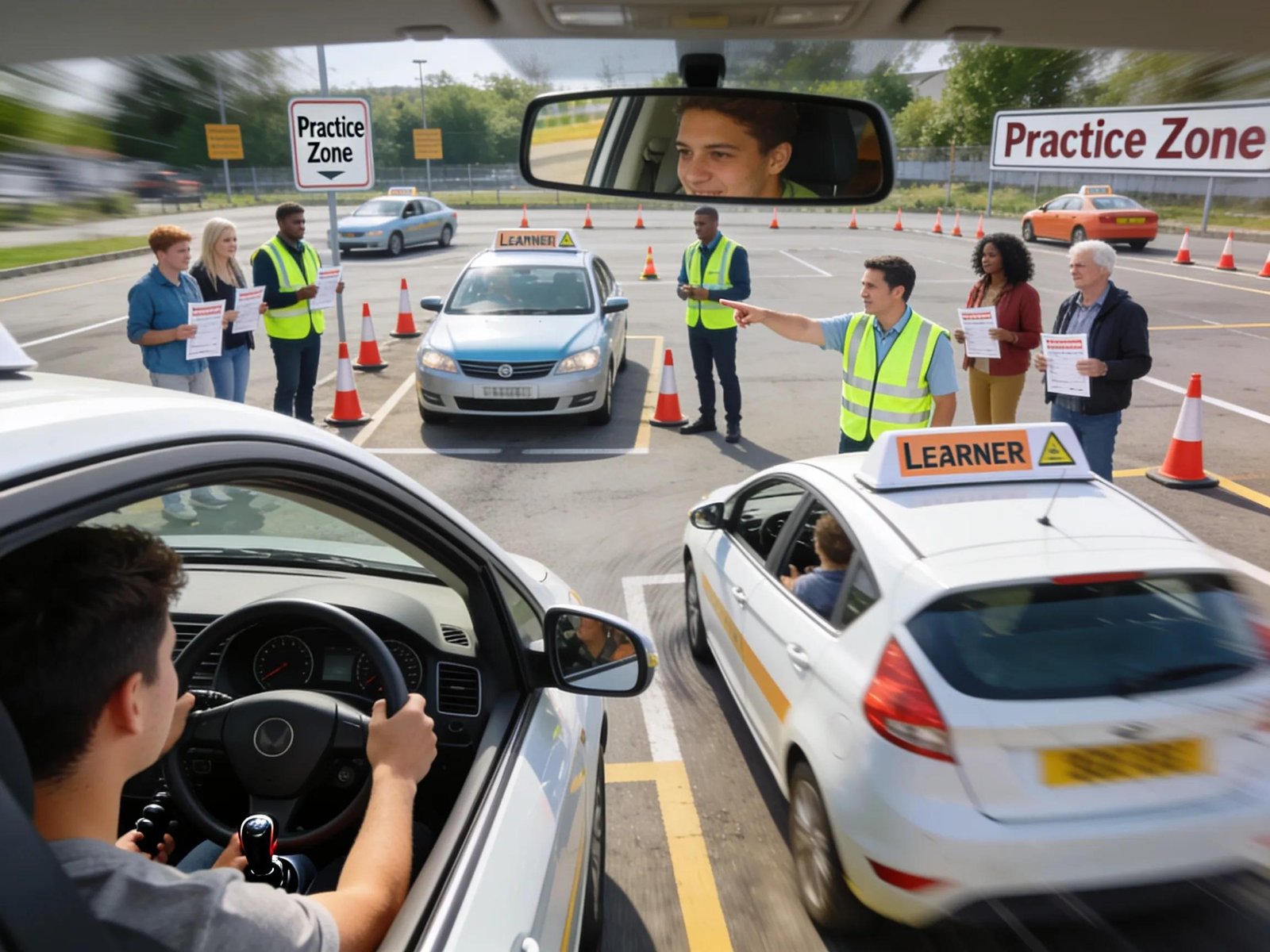 Diverse learners participating in various driving lessons with instructors