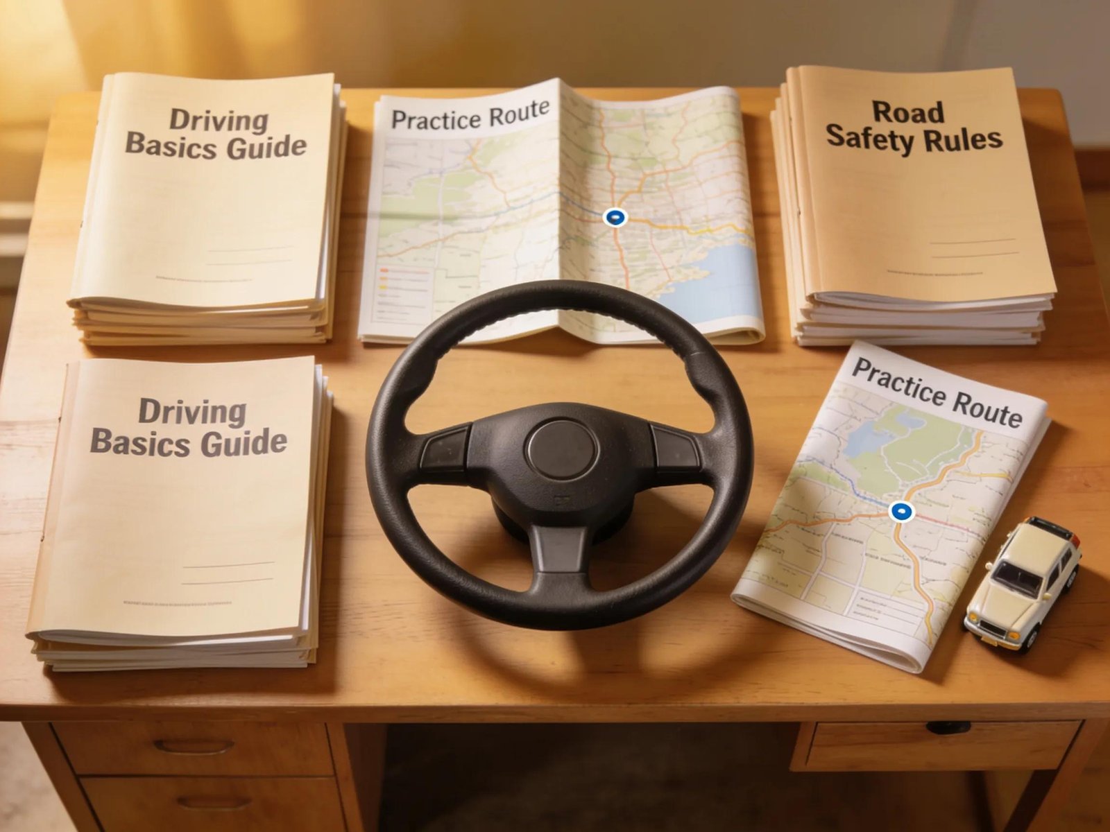 Structured driving lesson materials including maps and manuals, illustrating the organised approach to driving education.