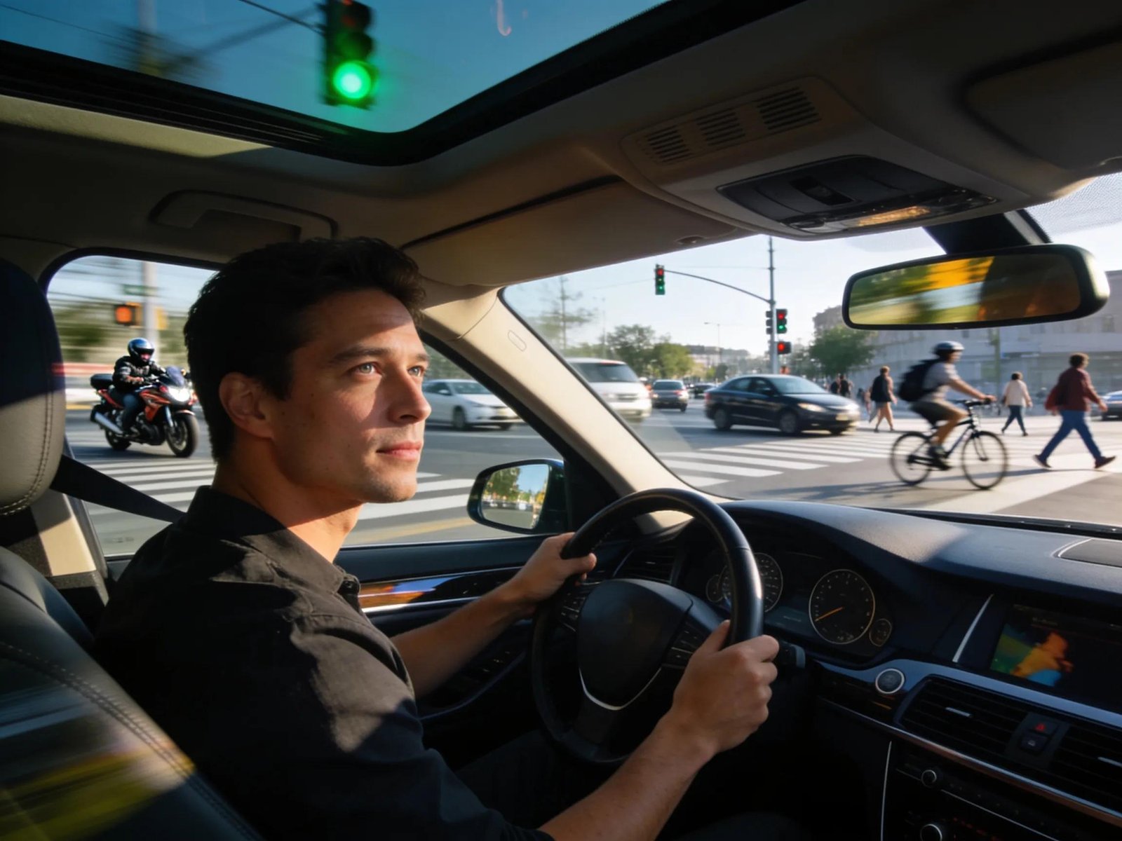 Driver honing hazard perception skills while navigating a busy intersection