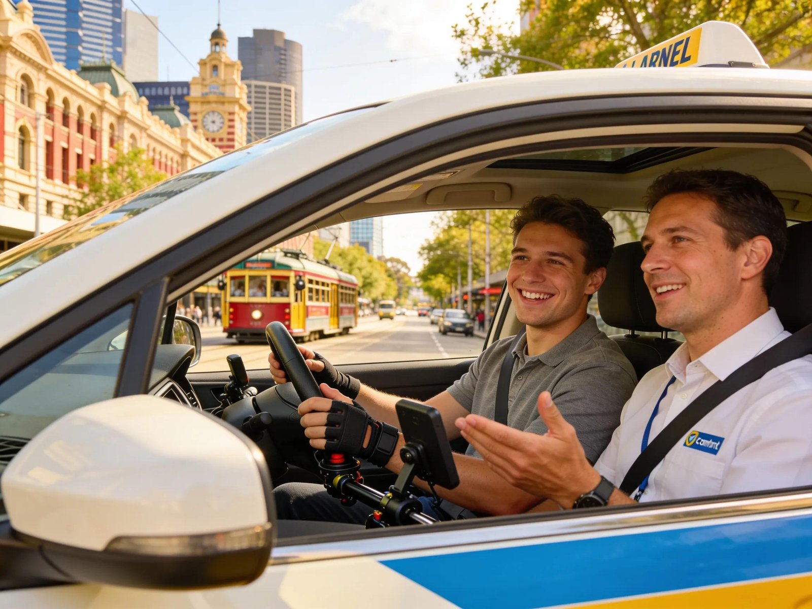 Learner driver with instructor in dual-control vehicle against Melbourne skyline