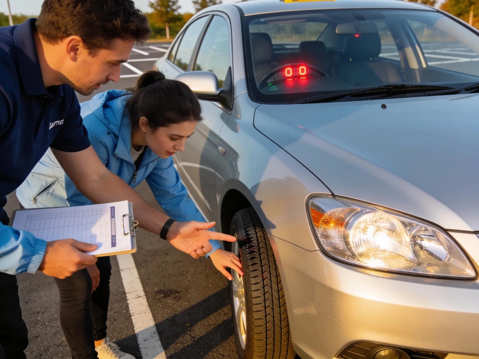 Learner driver checking vehicle safety features before a driving test in Melbourne.