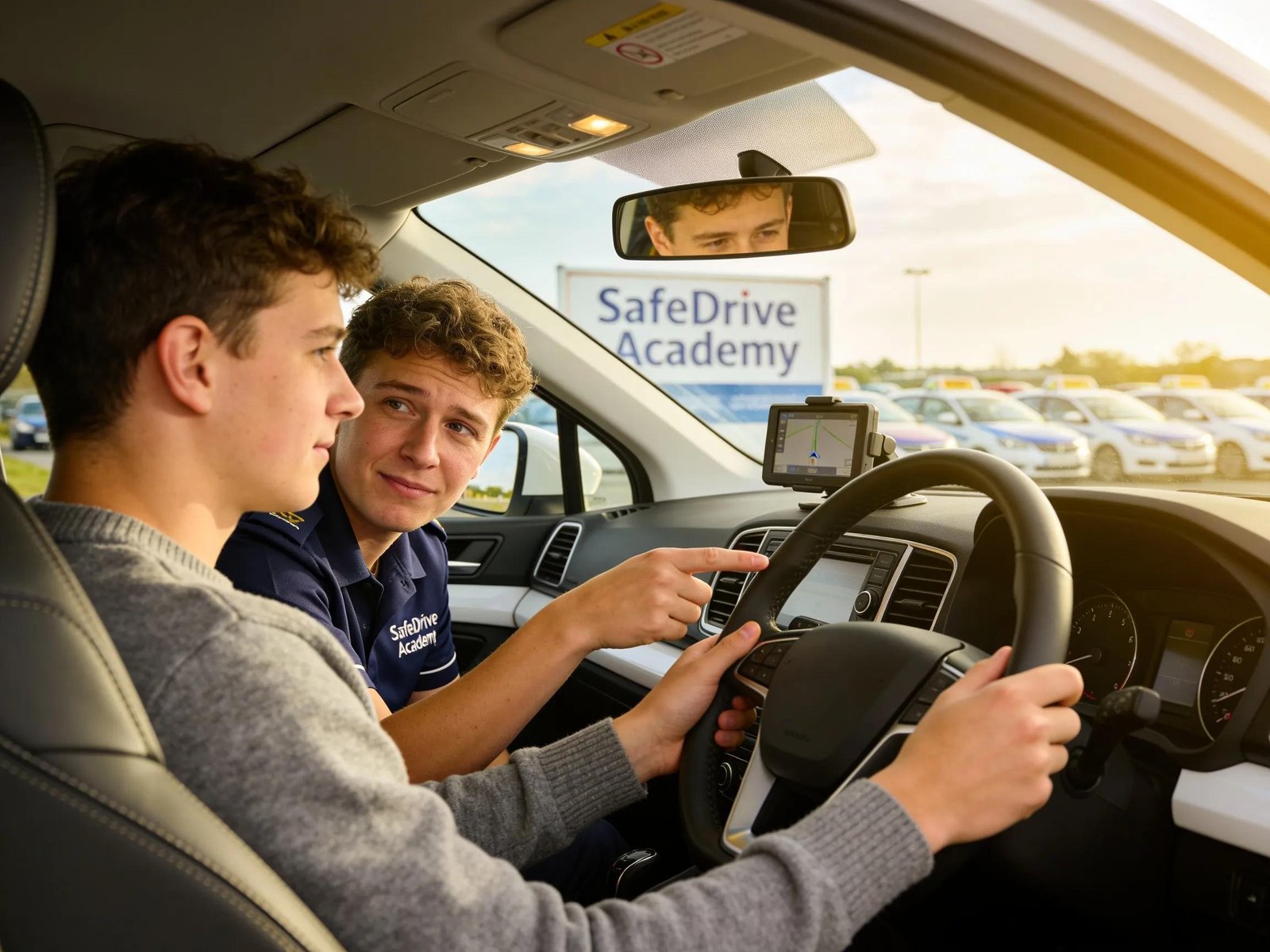 Instructor providing personalized driving instruction to a learner in a modern car