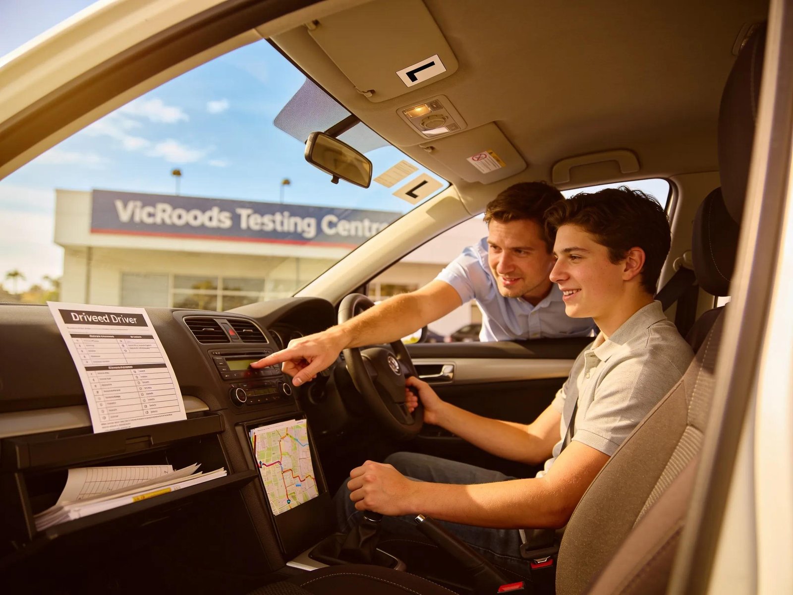 Learner driver preparing for VicRoads driving test with instructor in dual-control vehicle