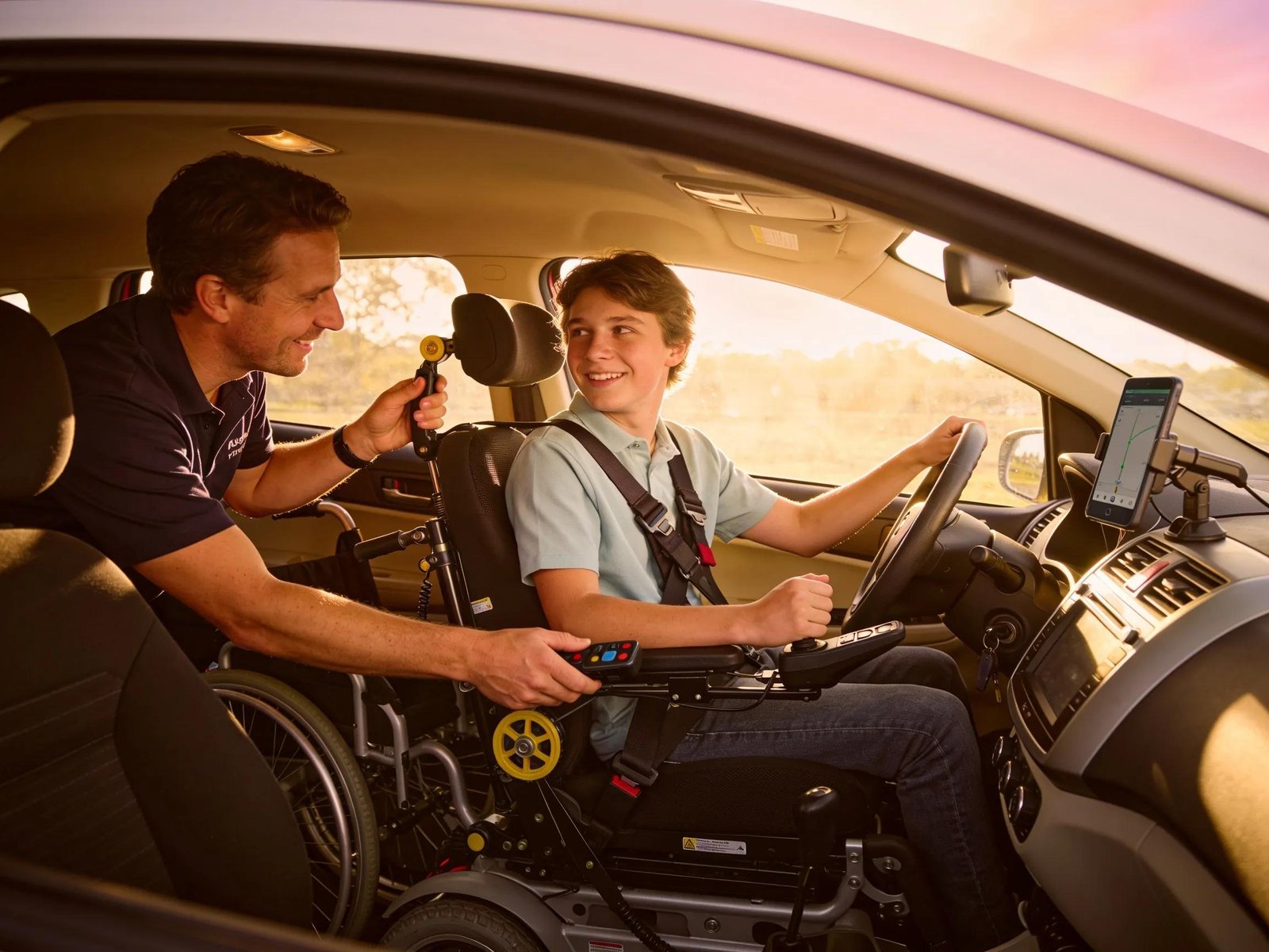 Instructor adapting driving lesson for NDIS participant in modified vehicle