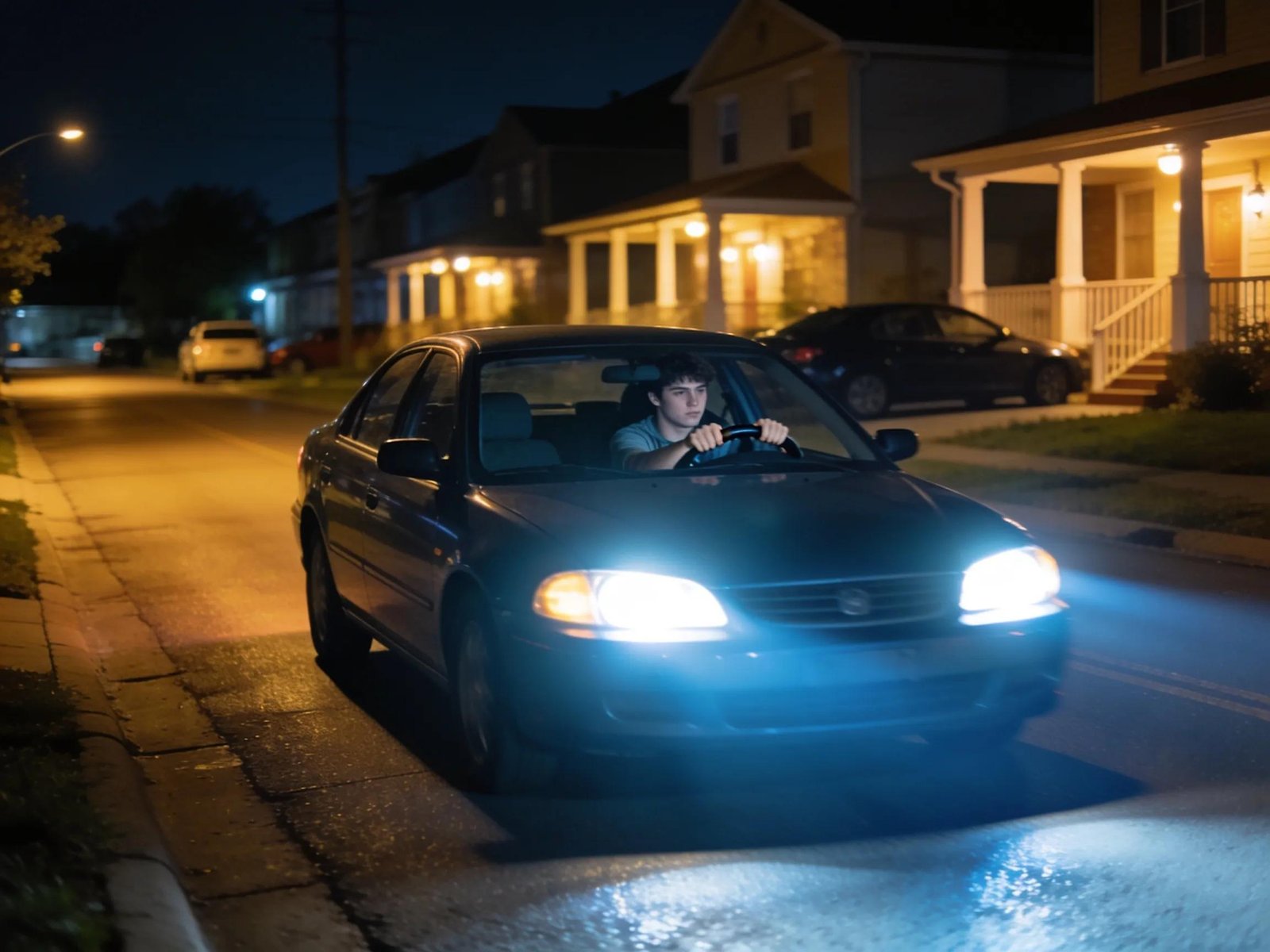 Learner driver practicing night driving on a suburban street with illuminated headlights
