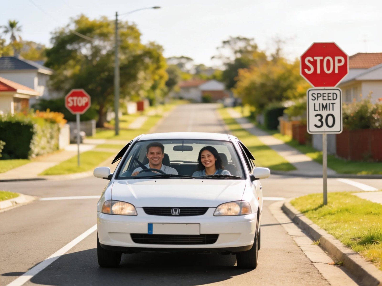 Learner driver practicing driving with an instructor in a suburban setting