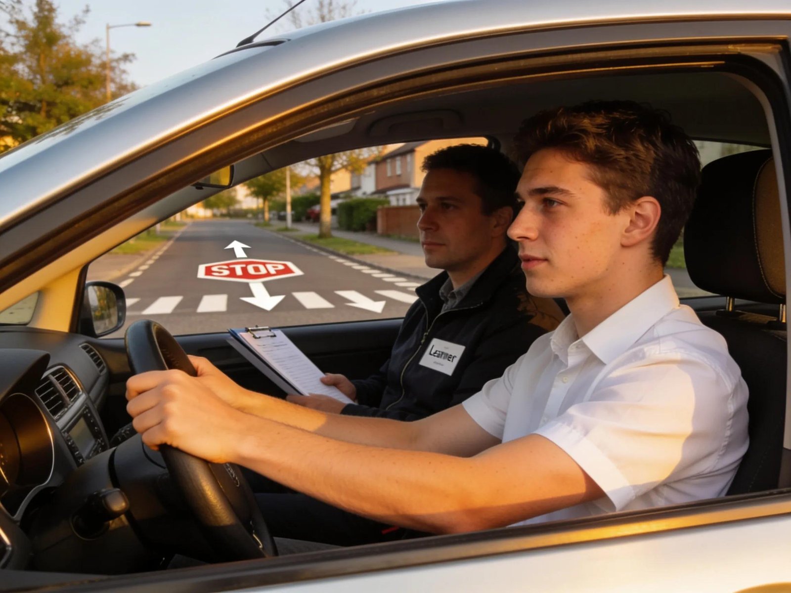 Learner driver undertaking a mock driving test with an examiner present